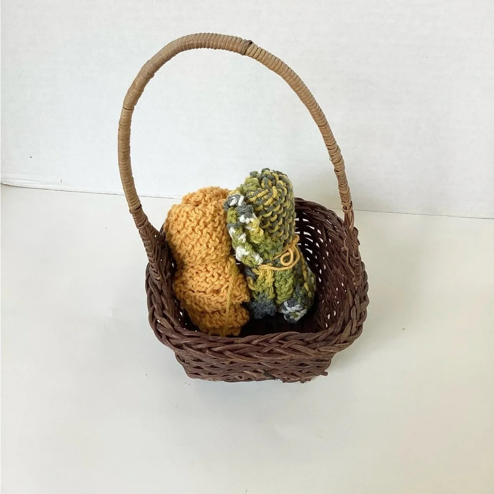 Dishcloth Washcloth Hand Crafted Gold Green Knit Cotton Rustic